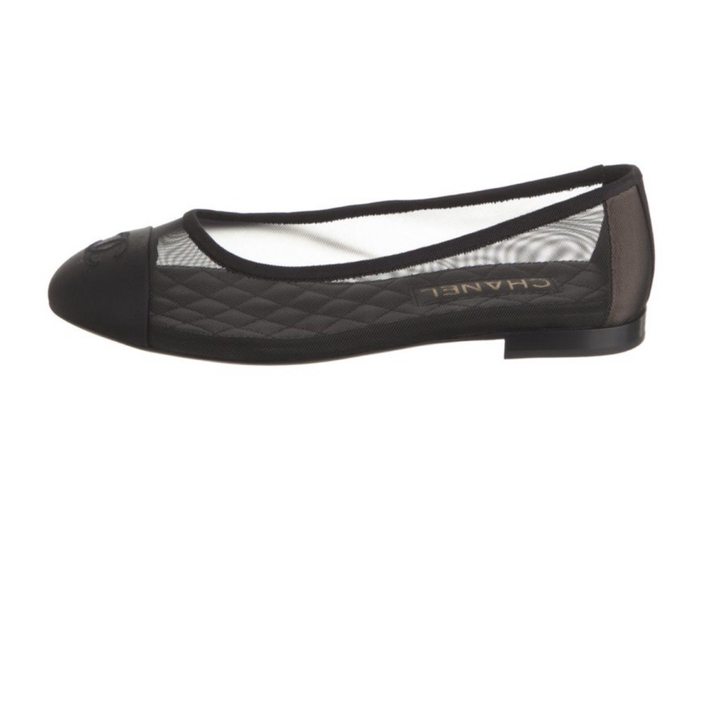 CHANEL 25P Black Mesh Grosgrain Cap Toe Ballet Flats 38.5